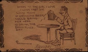 Bangor Maine ME Man Drinking Toast Beer Real Leather c1910 Vintage Postcard