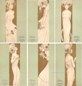 6 card Set - Demi Vierge Marque L-E Set of 6 cards Artist Raphael Kirchner Un...