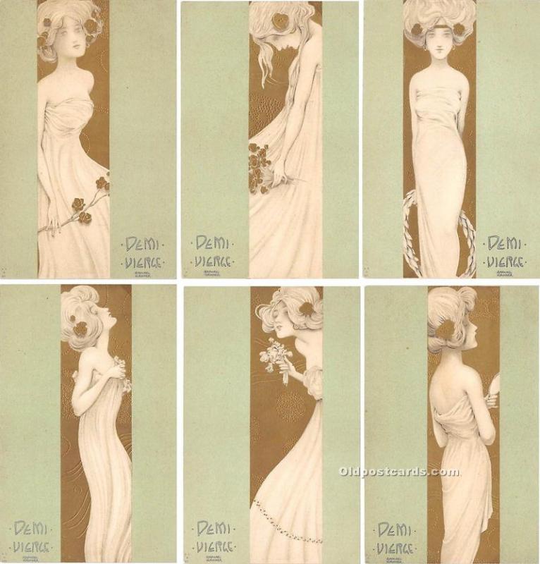 6 card Set - Demi Vierge Marque L-E Set of 6 cards Artist Raphael Kirchner Un...