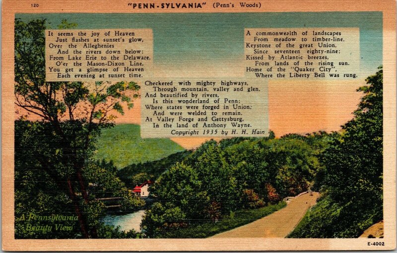 Pennsylvania Scene Beauty View Poem HH Hain Perry County Linen Postcard VTG UNP 