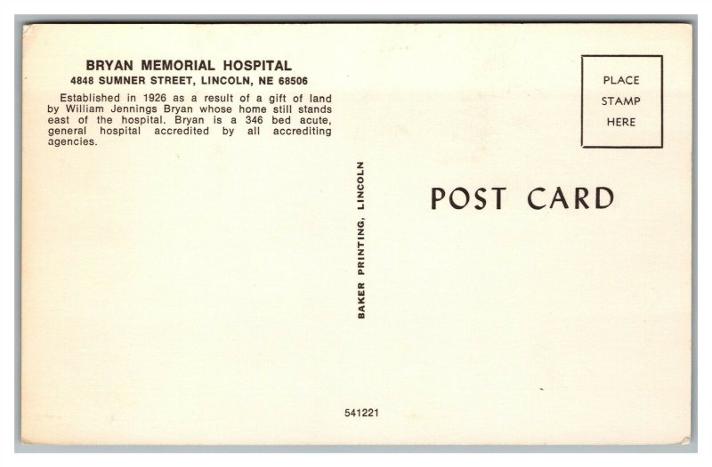 Postcard NE Lincoln Nebraska Bryan Memorial Hospital N24