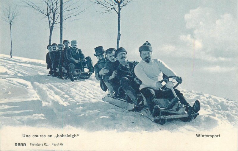 Winter sports vintage postcards Switzerland Neuchatel sledge ski bobsleigh race 
