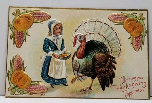 Thanksgiving Happiness Pilgrim Girl Corn Pumpkins Turkey Embossed Postcard F12