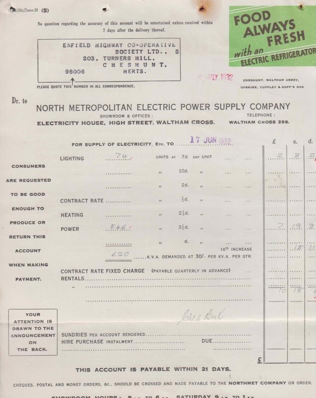 Waltham Cross Abbey Co-Op Electricity Refrigerator Fridge Kitchen Old Receipt