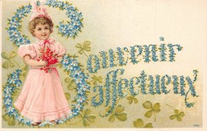L093 Greetings Girl forget-me-not flowers shamrock fantasy embossed postcard