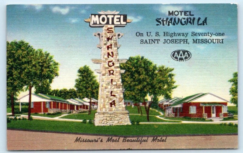 2 Postcards ST. JOSEPH, Missouri MO ~ Roadside SHANGRI-LA MOTEL c1940s Linens