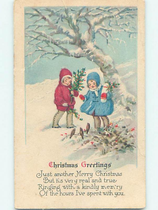 Bent Divided-Back christmas CUTE GIRLS LOOKING AT LITTLE BIRDS o4151