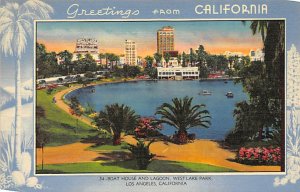 Greetings from California Boat House and Lagoon, West Lake Park Los Angeles C...
