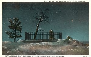 Vintage Postcard 1920's Buffalo Bill's Grave  Moonlight Denver Mountain Parks CO