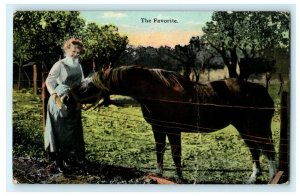 The Favorite Horse Feeding Victorian Woman Pasture Vintage Antique Postcard 