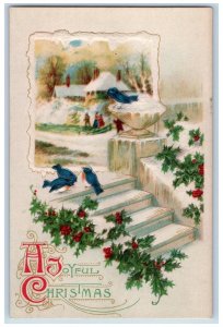 Christmas Postcard Song Birds Holly Berries Winter Scene Embossed c1910's