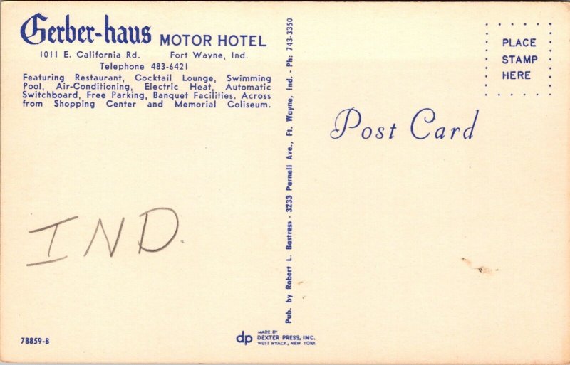 Vtg Fort Wayne Indiana IN Gerber Haus Motor Hotel Motel 1960s View Postcard
