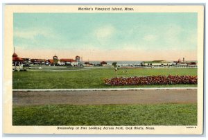 c1940's Steamship at Pier Looking Across Park Oak Bluffs MA Postcard