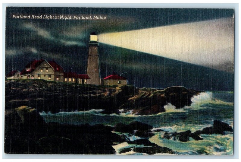 c1940's Portland Head Light At Night Portland Maine ME Unposted Waves Postcard