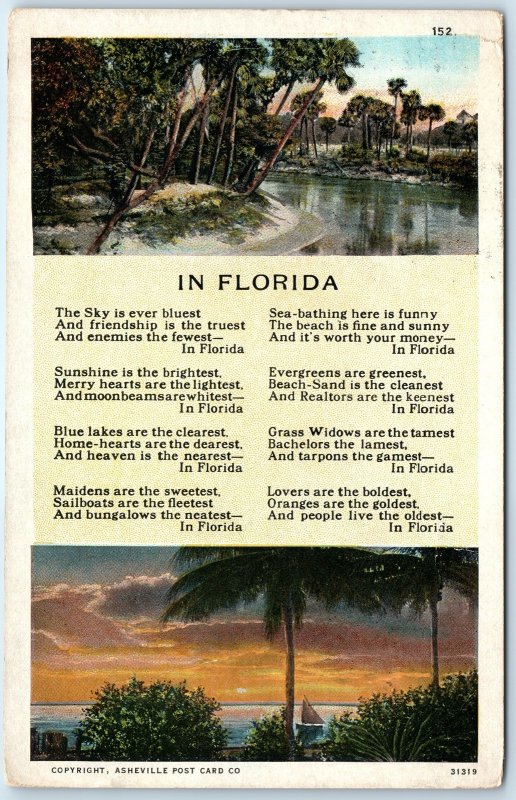 c1920s Florida Poem Card Beautiful Florida Series Linen PC Jack & Pensa RPO A330