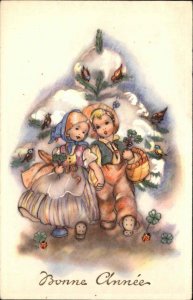 Bonne Annee Happy Birthday Little Boy and Girl Snowy Tree Vintage Postcard