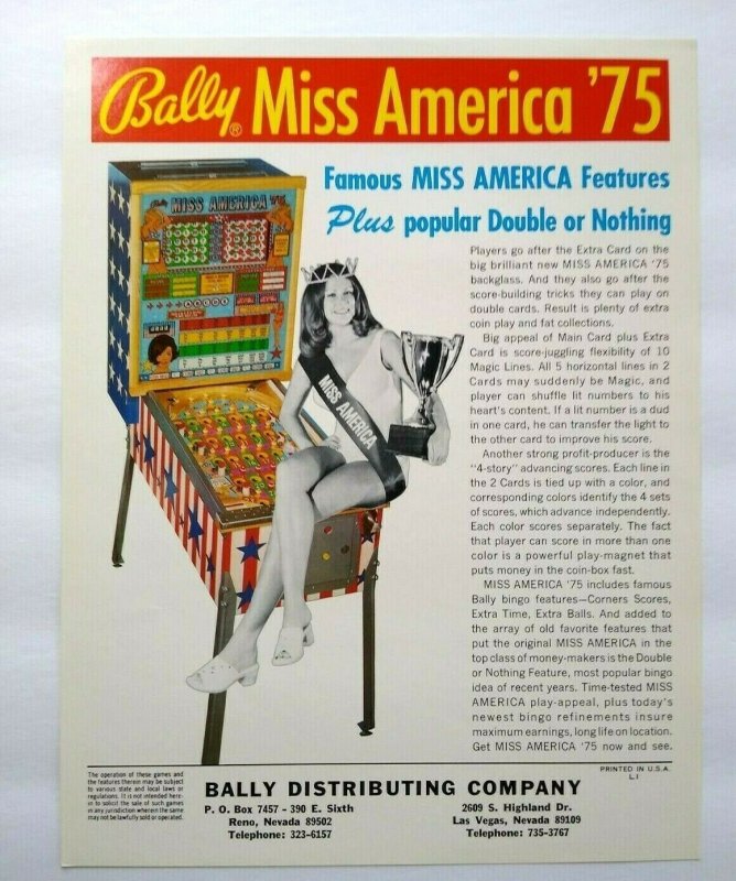 Miss America Pinball FLYER Original 1975 Bingo Game Art Pretty Lady Seated Bally