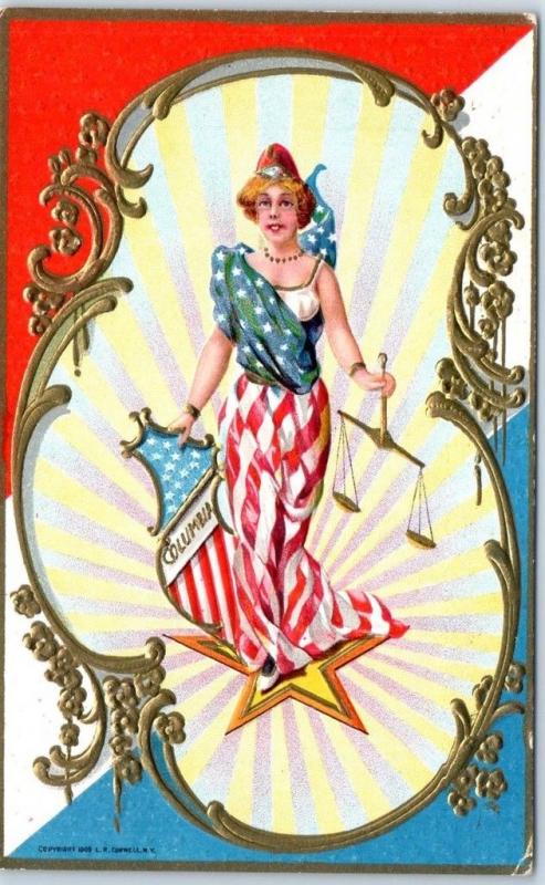 Vintage Lady Liberty Embossed Greetings Postcard Columbia Shield