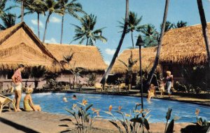 Kaiser-Burns Hotel HAWAIIAN VILLAGE, WAIKIKI Swimming Pool 1950s Tiki Postcard