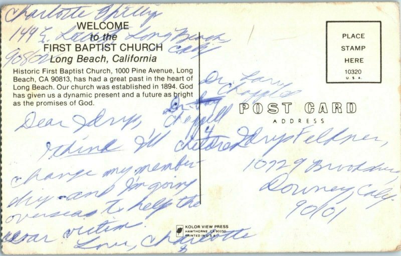 First Baptist Church Long Beach Pine Ave. California Postcard