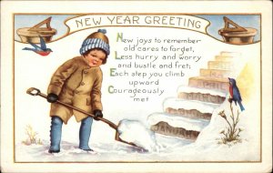 Whitney Little Boy Shovels Snow While Bird Watches Vintage Postcard
