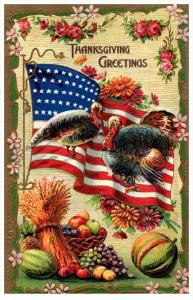 16176   Thanksgiviing    Turkey,  Patriotic Flag, fruit, flower border