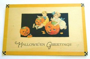 Halloween Postcard Gibson Checkered Corners Children With Knives Unused Fantasy