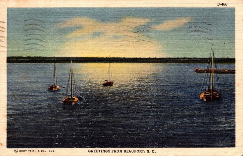 South Carolina Beaufort Greetings With Anchored Sailboats 1941 Curteich