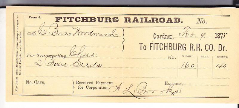 Fitchburg Railroad Freight Receipt 1875