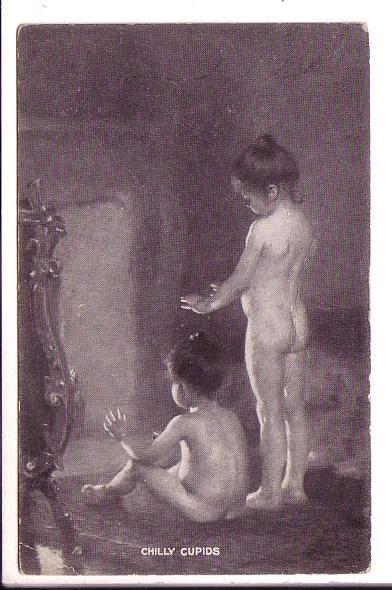 Nude Young Girls in Front of Fireplace, 'Chilly Cupids',  Used 1909