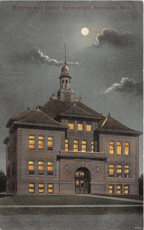 Kerkhoven Minnesota~McKinley High School @ Night~Lights on Inside~c1910 Postcard