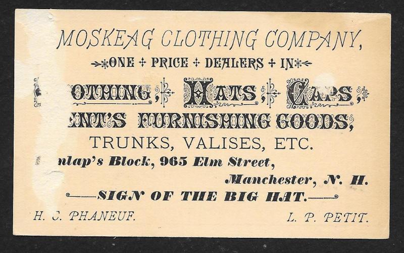 VICTORIAN TRADE CARD Amoskeag Clothing Co Sign of Big Hat