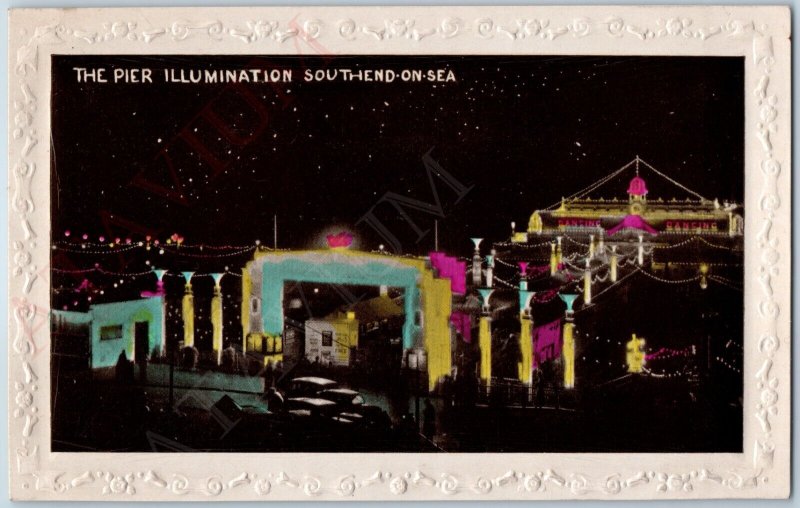 c1940s Southend on Sea, England Hand Colored Card Pier Night Illumination A187