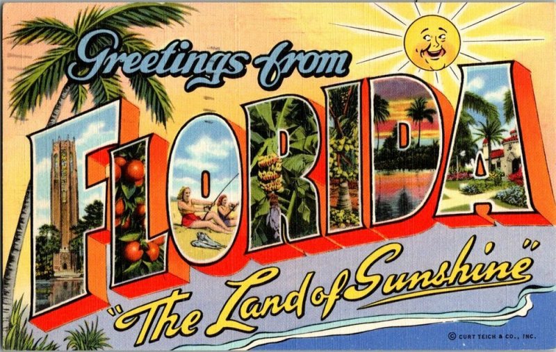 Greetings From FLORIDA Land of Sunshine LARGE Letter Postcard Standard View Card