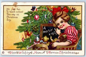 Christmas Postcard Child Girl With Toys Christmas Tree Decorated Embossed c1910s
