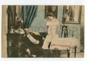 493115 BROTHEL Drunken Sleeping Old Man & NUDE girl Vintage postcard