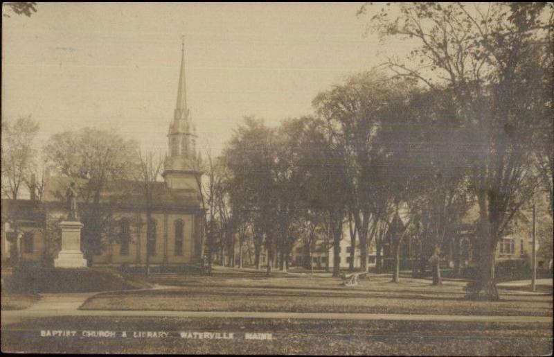 Waterville ME Church & Library c1910 Real Photo Postcard