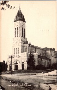 Southbridge Massachusetts Notre Dame Church Streetview BW Cancel WOB Postcard 