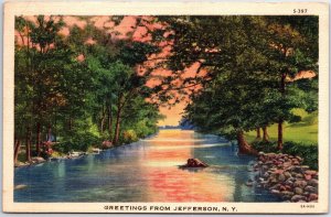 VINTAGE POSTCARD RIVER SCENE GREETINGS FROM JEFFERSON NEW YORK 1936