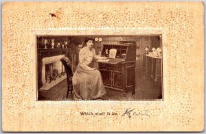 Which Shall It Be, 1912 Sepia Photo Woman Writing In Victorian Interior Postcard