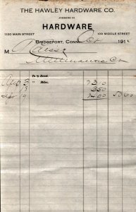 1915  Bridgeport  Connecticut  The Hawley Hardware Co.  Receipt  8 x 5