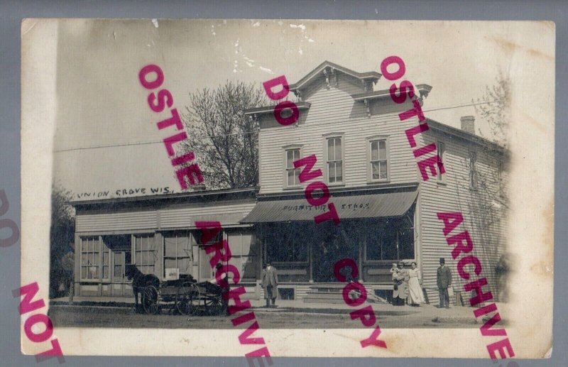 Union Grove WISCONSIN RPPC 1915 GENERAL STORE Furniture nr Racine Eagle Lake WI