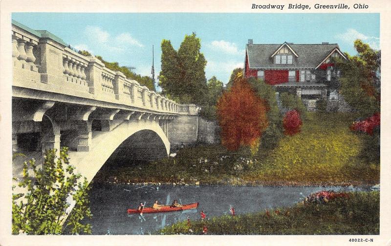 Greenville Ohio~People in Boat Below Broadway Bridge~House on Shore~1940s Linen