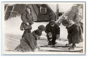 Lappland Sweden Postcard Lappbarn Children Skiing Winter 1957 Posted RPPC Photo