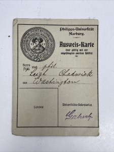 1920's German Philipps Marburg University ID Card Vintage Antique Ephemera