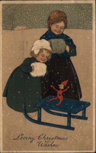 Christmas PFB Ser 6211 Children Sisters Jester Doll Sled c1910 Vintage Postcard