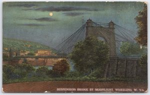 Vintage Wheeling WV Suspension Bridge Moonlight Postcard 1930s