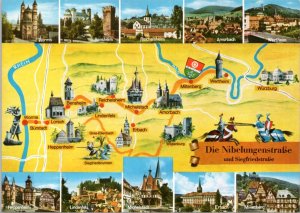 Postcard Germany Map - The Nibelungenstrasse and Siegfriedstrasse