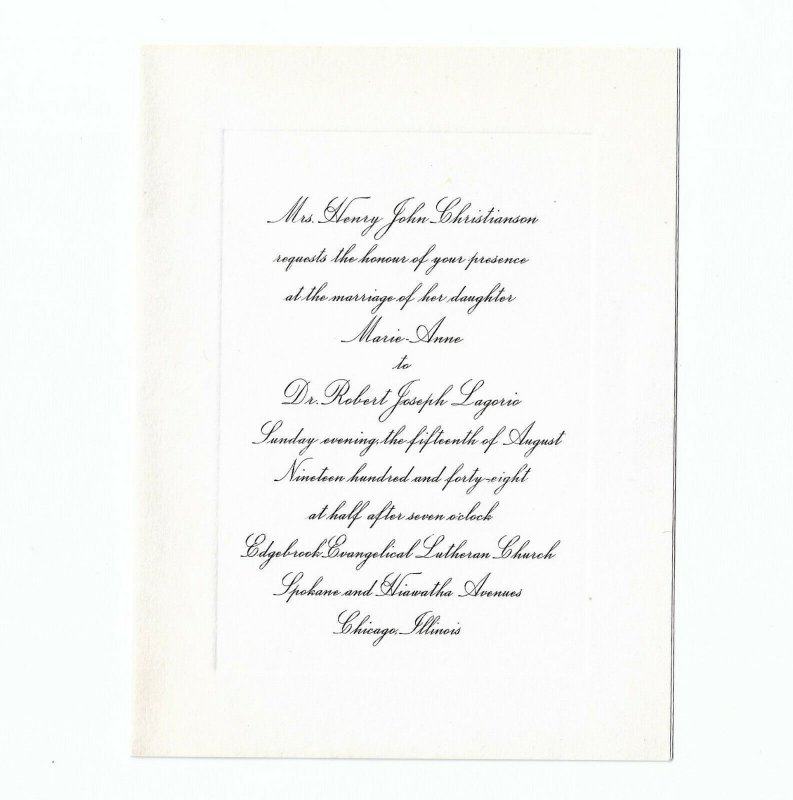 Vtg 1948 Wedding Invitation Marie Christianson Dr. Robert Lagorio  Chicago IL