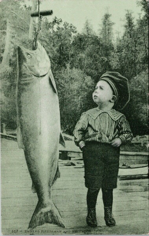 Little Boy & Fish 'Embryo Fisherman and His Catch' Salmon Unused Postcard G21